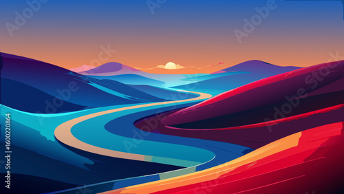 Colorful Abstract Landscape Sunrise Backgrounds – Winding River & Sunset Scenery