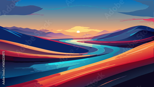 Colorful Abstract Landscape Sunrise Backgrounds – Winding River & Sunset Scenery