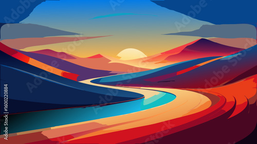 Colorful Abstract Landscape Sunrise Backgrounds – Winding River & Sunset Scenery