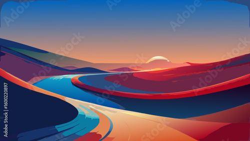 Colorful Abstract Landscape Sunrise Backgrounds – Winding River & Sunset Scenery
