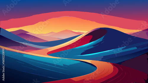 Colorful Abstract Landscape Sunrise Backgrounds – Winding River & Sunset Scenery