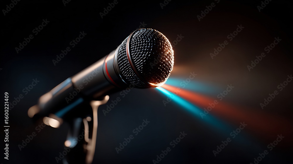 Obraz premium Professional microphone on a stand with striking blue and red light effects