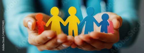 close up of human hands holding cardboard cutouts of people, concept of statistics, family well-being