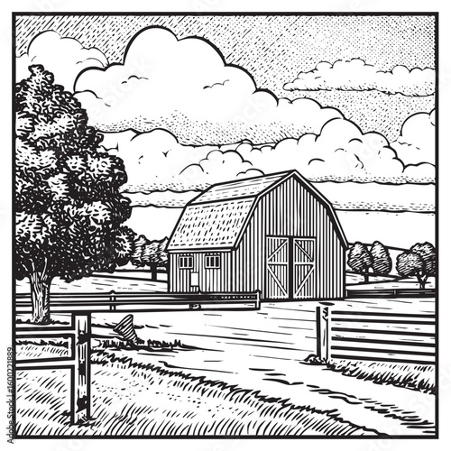 Scenic rural landscape featuring a barn and trees under cloudy skies
