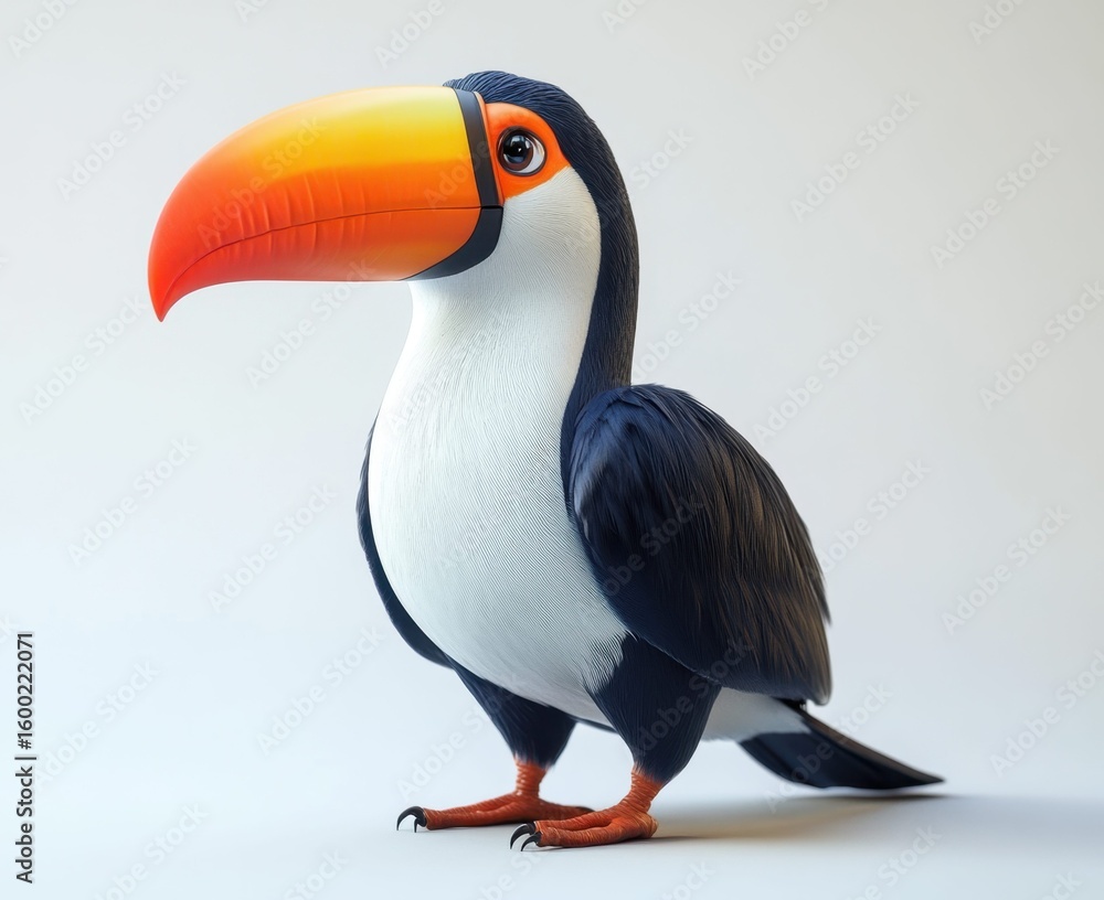 Naklejka premium A Colorful, Cartoonish Toucan Character with a Large Orange Beak and Vibrant Plumage, Set Against a Clean White Background, Perfect for Illustrations and Children's Media