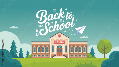 Back to School: A vibrant illustration welcomes the new school year, showcasing a classic school building amidst a cheerful landscape, and a paper airplane soaring across a clear sky.