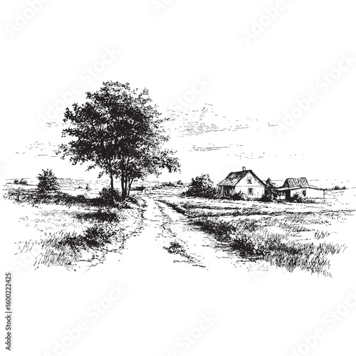 Charming rural landscape with a peaceful dirt road and farmhouse
