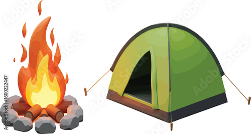 vector, illustration, green tent and campfire
