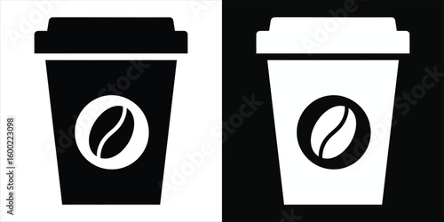 Takeaway coffee cup icons with bean logo. Simple black and white vector symbols.