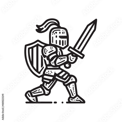 Knight in shining armor ready for battle with sword and shield