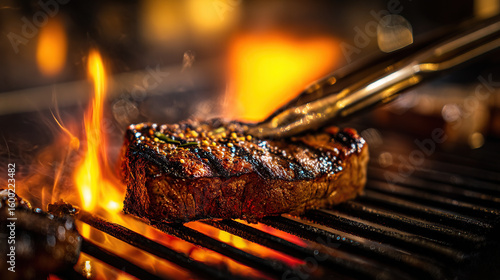 Juicy grilled ribeye steak on hot barbecue grill with flames, savory BBQ closeup