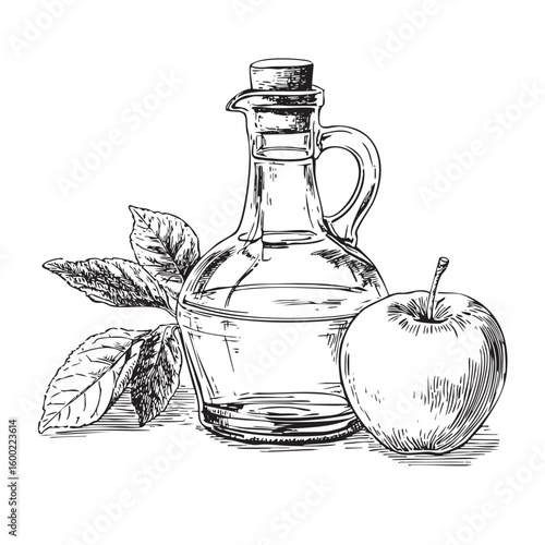 Glass bottle with apple and green leaves for healthy cooking