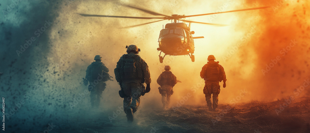 Fototapeta premium Soldiers getting out of a helicopter against a sunset backdrop, useful for articles on military operations and training.