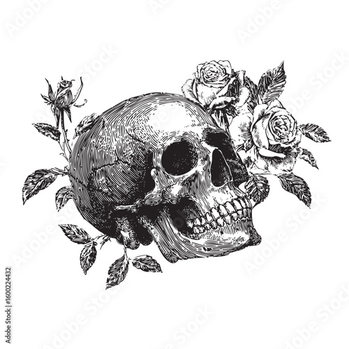 Uniting life and death with a skull and roses design for art