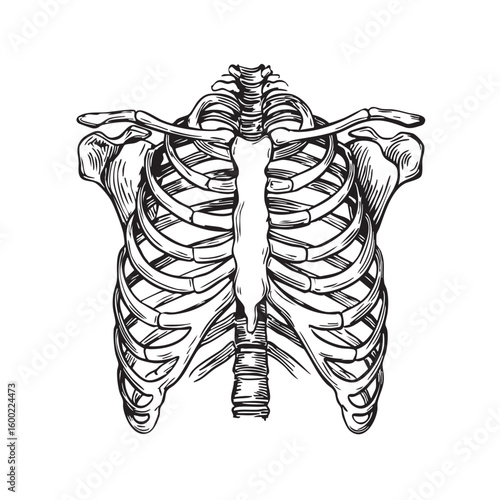 Anatomy illustration of human rib cage and shoulder girdle structure