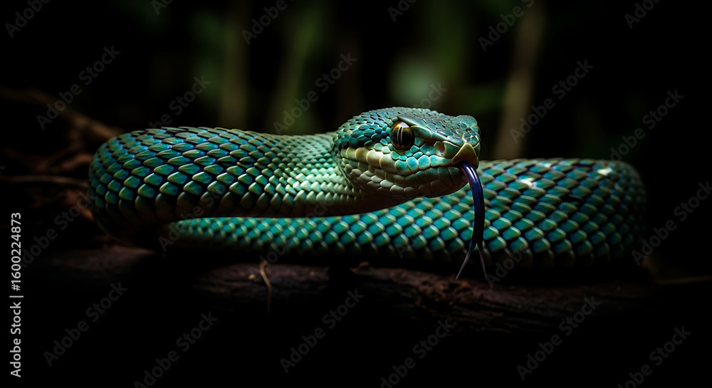 Fototapeta premium A striking green viper coiled on a branch in a dark forest, showcasing its vibrant scales and eyes