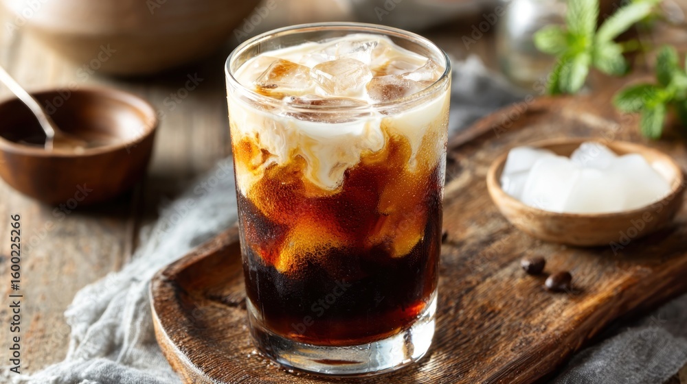 Iced coffee drink on wooden tray Iced coffee drink on wooden tray
