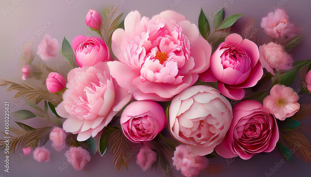 Fototapeta premium Elegant bouquet of blooming pink peonies and roses with soft lighting, arranged against a pastel background. Perfect for romantic, wedding, or spring-themed visuals.