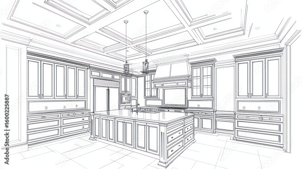 Fototapeta premium Detailed architectural drawing of a luxury kitchen design.