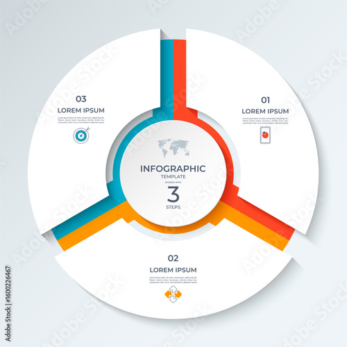Infographic circle divided into 3 steps. Vector cycle diagram with 3 parts, options. Round chart that can be used for report, business analytics, data visualization, presentation, educational content.
