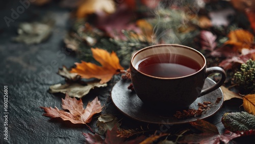 Autumnal teacup, steaming hot drink surrounded by colorful leaves