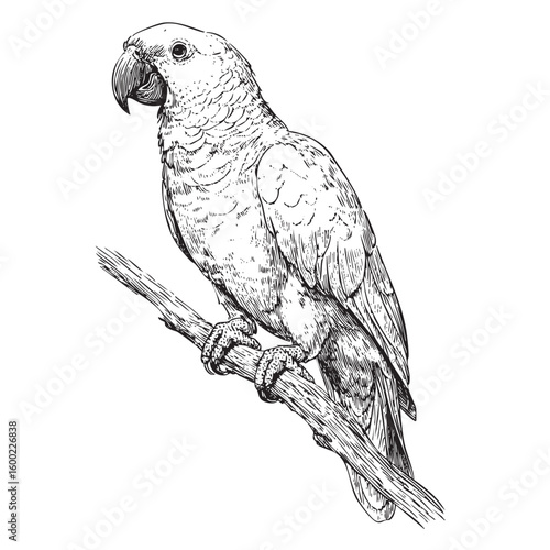 Detailed sketch of a parrot perched on a branch for artistic design