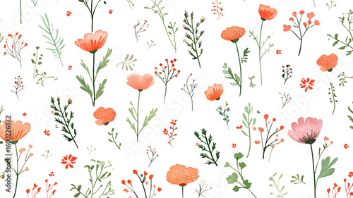 Wallpaper Mural 柔らかな透明感が印象的なボタニカルモチーフの花柄パターンデザイン｜春の息吹を感じさせる植物の壁紙素材｜水彩調・自然派・上品・明るい・リーフ・インテリア装飾や背景用途に適した高解像度イラスト Torontodigital.ca
