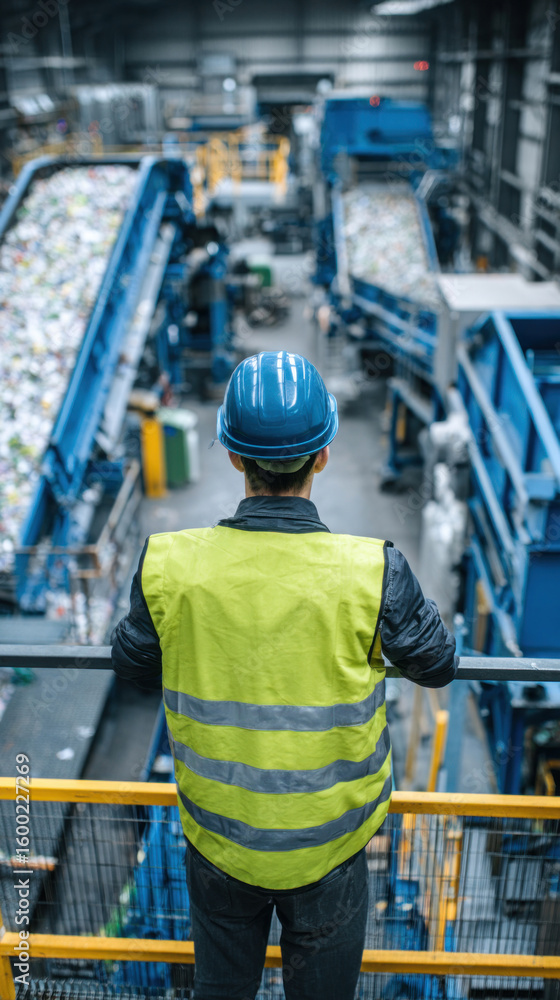 Fototapeta premium Engineer in high-visibility vest and helmet inspecting robotic waste separator, vertical framing shows machinery below, eco-friendly recycling industry atmosphere