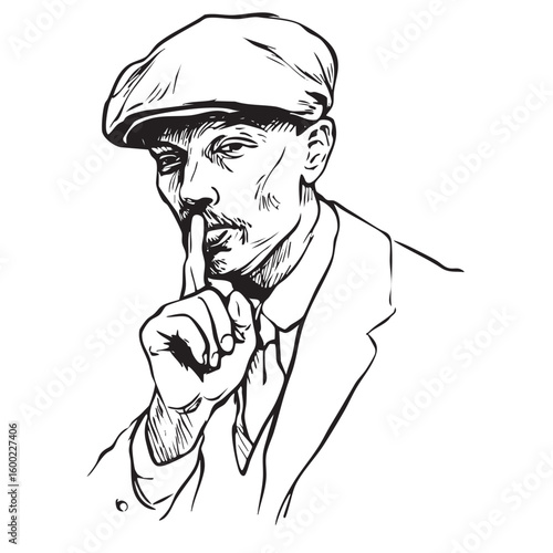Man with a hat showing a gesture for silence in a vintage style