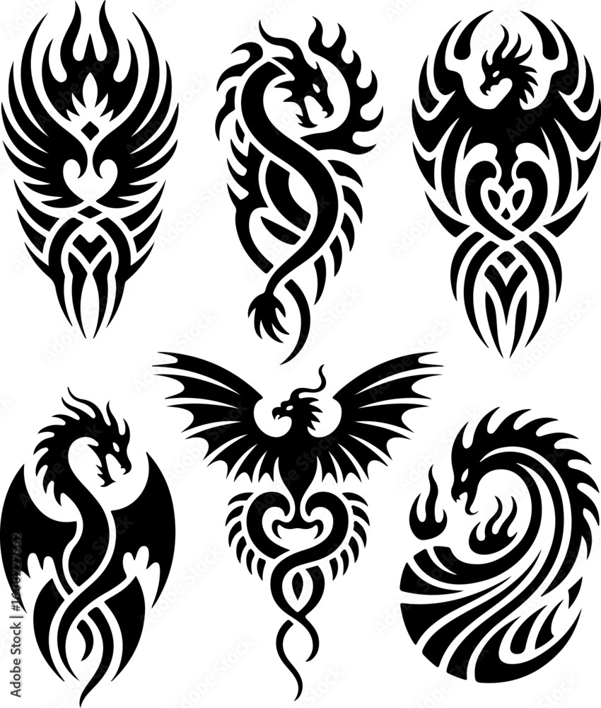Fototapeta premium tribal tattoo, dragon tattoo, skull and rose, tattoo design bundle