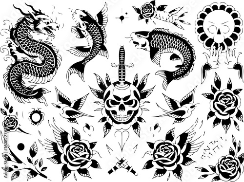 tribal tattoo, dragon tattoo, skull and rose, tattoo design bundle