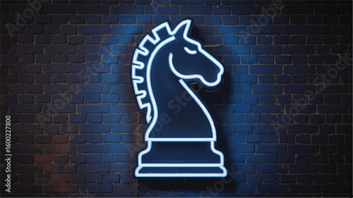 Neon Sign Displaying Chess Knight on Brick Wall, Urban Night Scene, Graphic Art