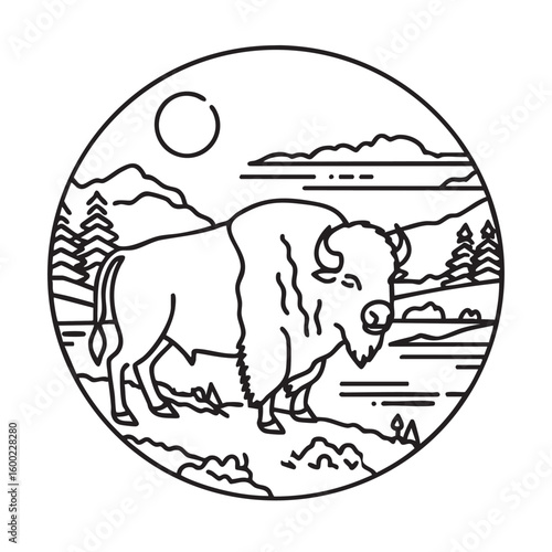 Bison roaming in serene landscape with mountains and sun