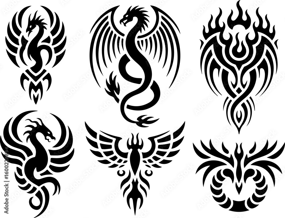 Obraz premium tribal tattoo, dragon tattoo, skull and rose, tattoo design bundle