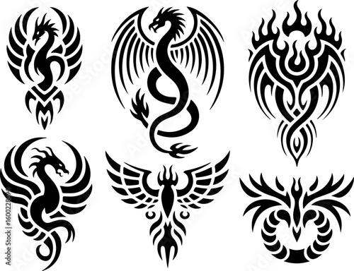 tribal tattoo, dragon tattoo, skull and rose, tattoo  design bundle