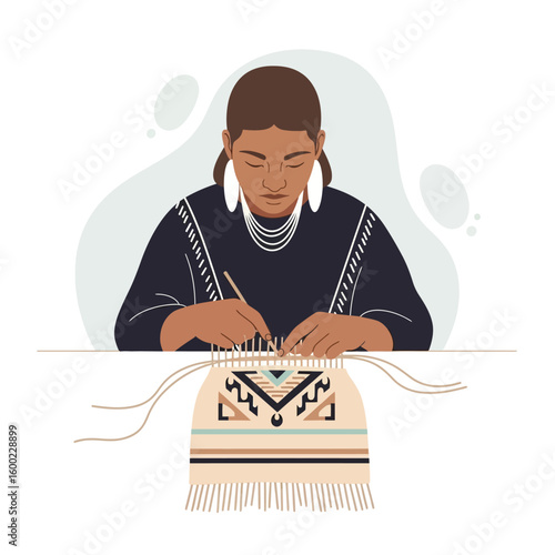 Woman weaving a traditional patterned textile with a tool, showcasing her craft and cultural heritage.