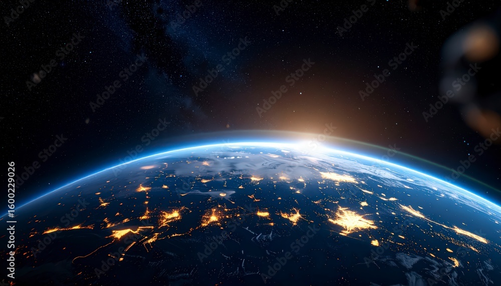 Obraz premium Earth from space with blurry space debris in foreground, curved glowing edge of Earth
