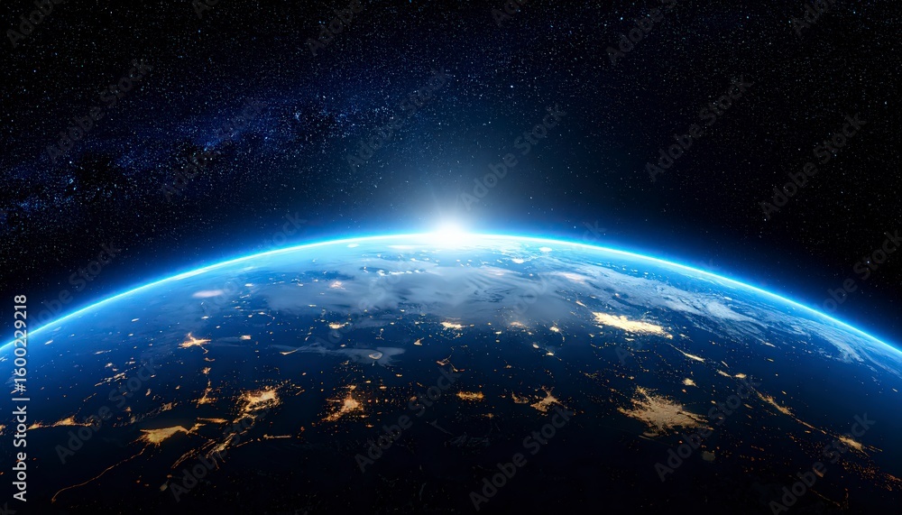 Obraz premium Earth from space with blurry space debris in foreground, curved glowing edge of Earth