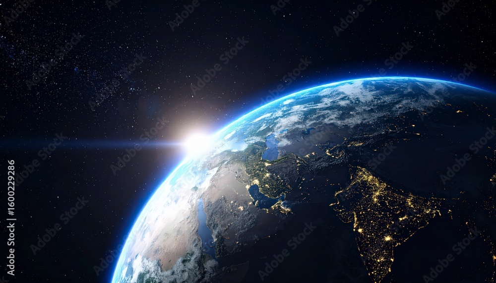 Obraz premium Earth from space with bright sunlight emerging from behind the globe