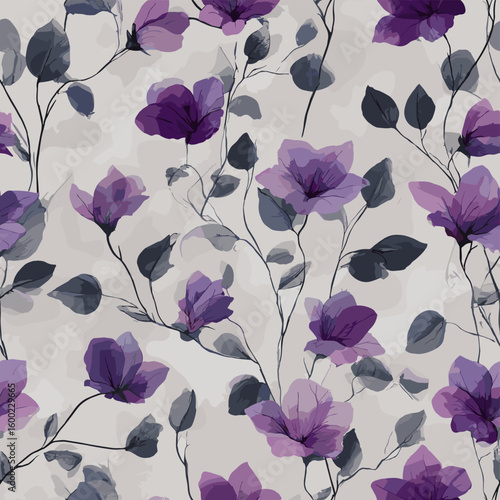 Purple bellflower seamless pattern on soft textured background