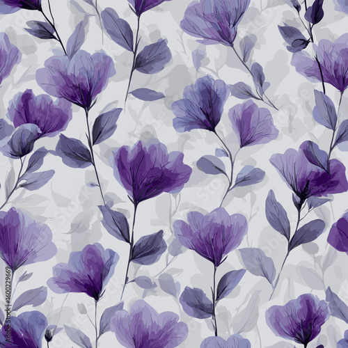Purple bellflower seamless pattern on soft textured background