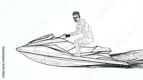 Action-Packed Jet Ski Ride, Man on Watercraft, Open Water, Illustration, Dynamic Environment, Side View, Adventure Theme