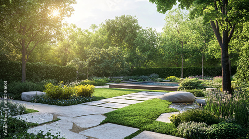 Modern Garden with Sunlit Paved Path and Lawn