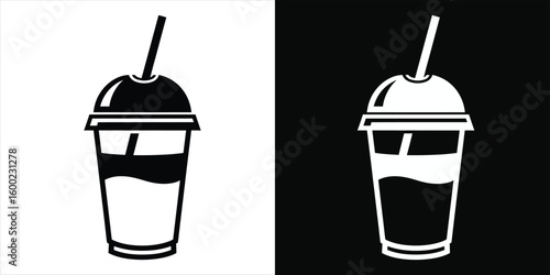 Takeaway cold drink in a plastic cup with a dome lid and straw vector icon.