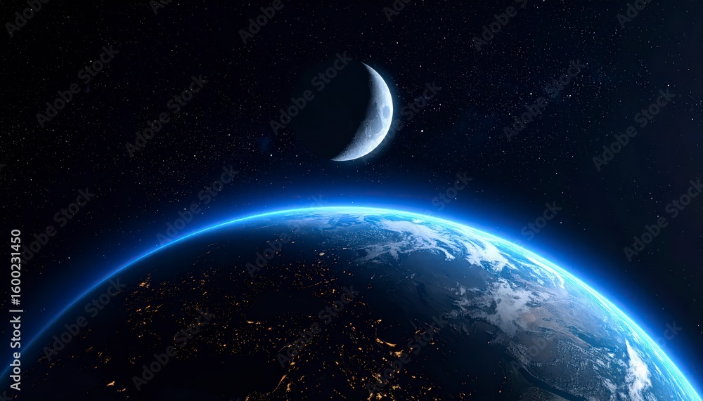 Obraz premium Earth seen from space with the distant Moon visible in background