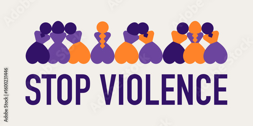 stop violence banner of women sit side by side and take care of each other. Back view of female silhouettes for women's day. Sisterhood and community for girls. Vector horizontal abstract illustration