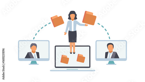 Woman standing on a laptop transferring files to two computers with people on the screens online