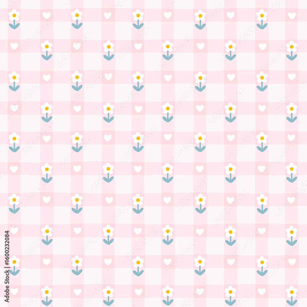 Fototapeta premium Gingham seamless vector pattern with meadow chamomile flowers. Tartan check for tablecloths, napkins, clothes, packaging, for the Easter holiday. Cozy cute childish background in a pastel palette.