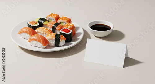 Sushi and rolls set with soy sauce with white card on the table