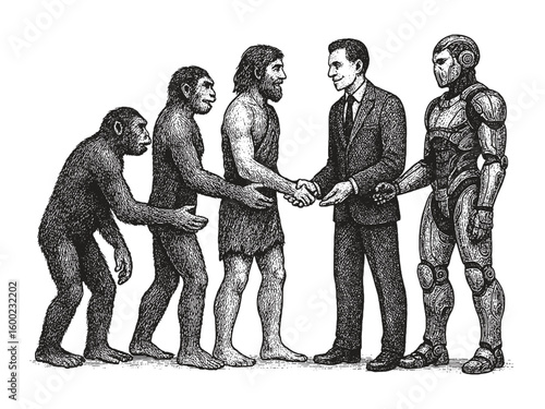 Illustration of human evolution from ancient primates to futuristic cyborg handshake, symbolizing history and technology.